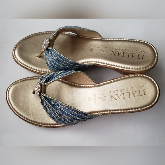 Italian Shoemaker Rhinestones Blue Gold Tone Wedge Sandals Size 10 - Picture 3 of 10